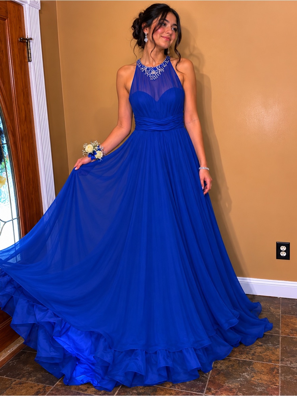 Alfred Angelo Cobalt Blue Halter Prom Gown with Jewel Neckline